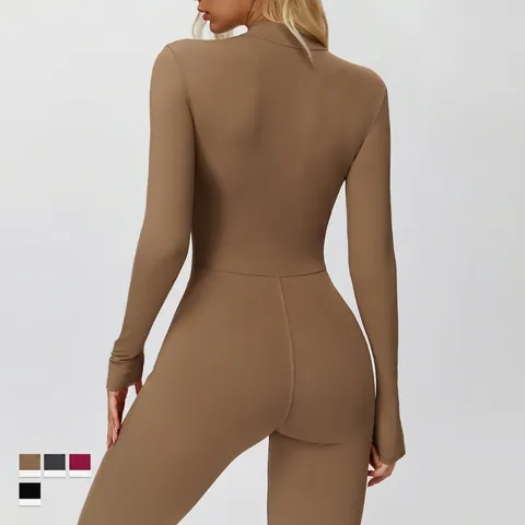 Combinaison De Yoga Femme Doublée Polaire Manches Longues Demi-Zip Col Montant Jambe Évasée Vêtement De Sport Élastique