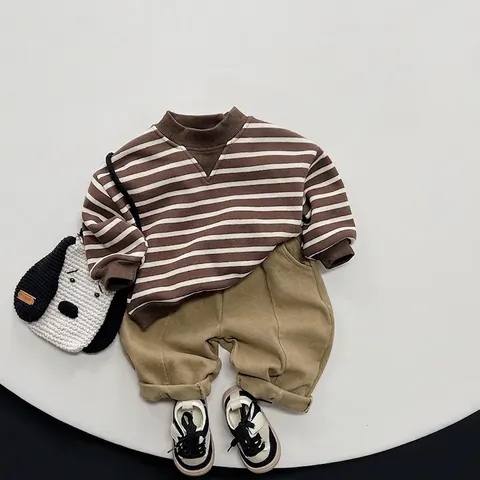 Gestreepte Kinder Sweatshirt Met Fleece Voering Katoenmix Lange Mouw Warme Pullover Casual Winter Top Voor Kinderen