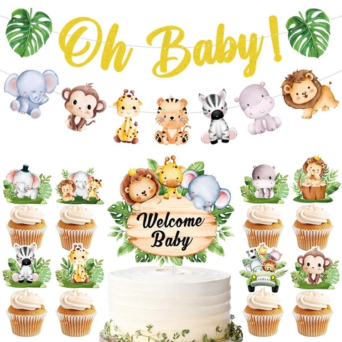 Decorazione Festa Animali Giungla Banner Cake Topper Per Baby Shower Compleanno Foresta Cartone Animato Carta