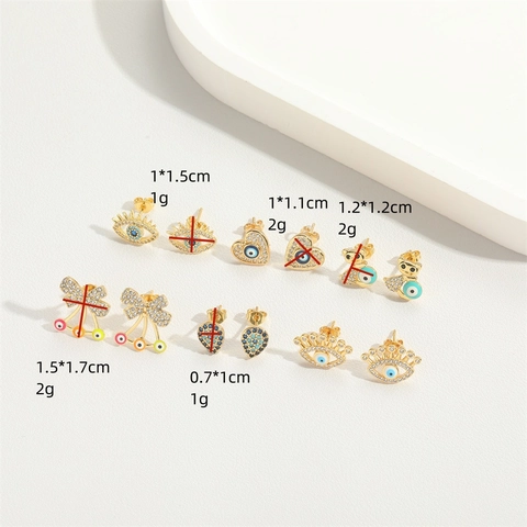 Retro Minimalist Copper Zirconia Stud Earrings For Women Exquisite Evil Eye Heart Bow Bear Enamel Drip Oil Jewelry Gift