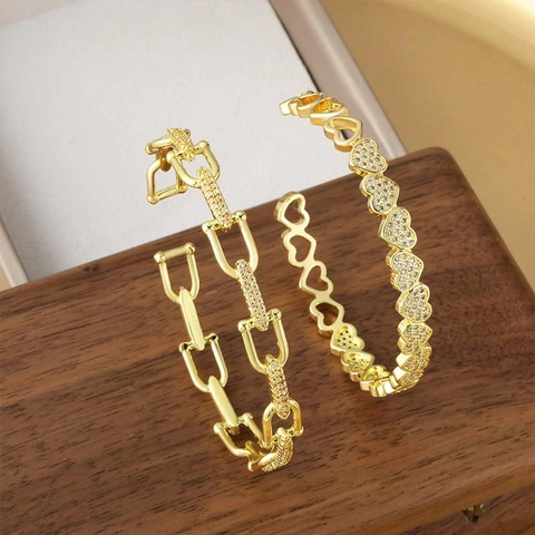 Gold Plated Copper Bangle Bracelet Heart Shaped U Link Chain Micro Pave Zircon Open Cuff Fashion Jewelry For Women