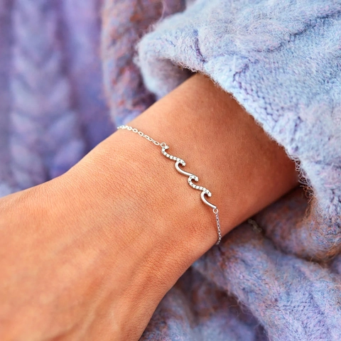925 Sterling Silver Wave Bracelet Sparkling Zircon Inlaid Adjustable Thin Chain Minimalist Jewelry Gift For Women