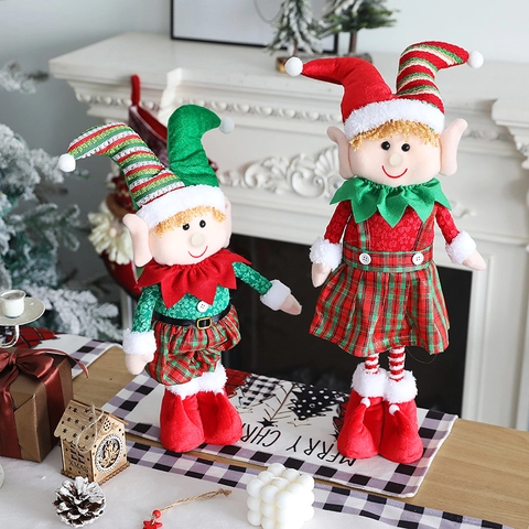Christmas Elf Doll Retractable Plush Figurine Fabric Red Green Plaid Long Hat Festive Home Decoration Standing Ornament