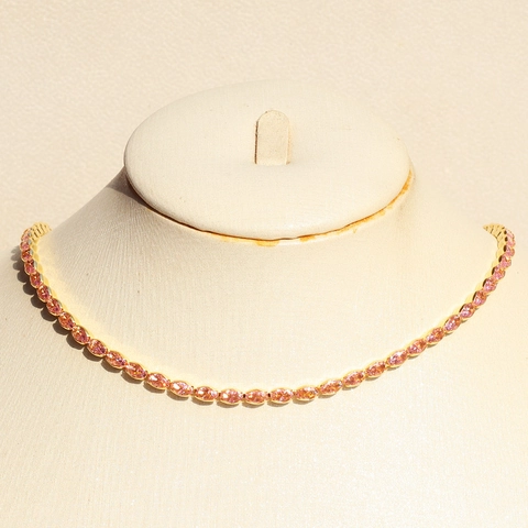 Bijoux Élégants En Zircon Rose Pour Femmes Cuivre Plaqué Or Pierre Ovale Collier Tennis Bracelet Et Boucles D'oreilles