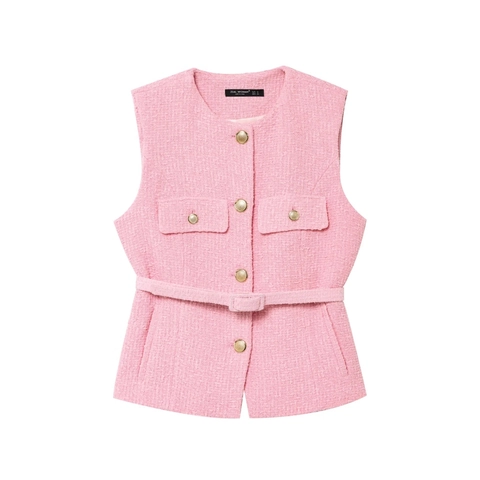 Chaleco Mujer Rosa Tweed Top Sin Mangas Cuello Redondo Botones Dorados Cinturón Vintage Elegante Retro Chic Moda Para Damas