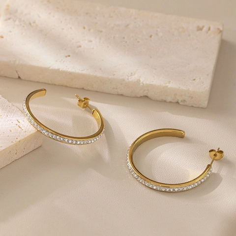 Gold Plated Stainless Steel Hoop Earrings With Zircon Micro Pave C-Shaped Elegant Delicate Fashion Accessory For Women