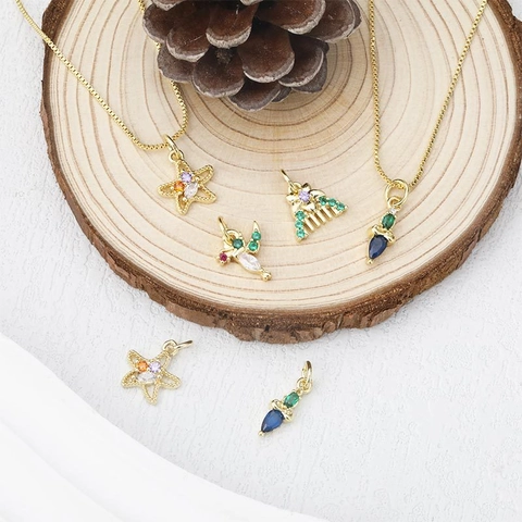 French Vintage Gold Plated Copper Zircon Starfish Hummingbird Waterdrop Pendant For DIY Necklace Jewelry Making Accessory