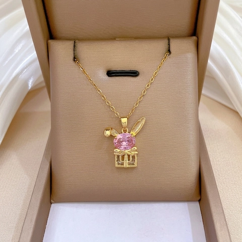 Collana Pendente Coniglio Scatola Regalo Catena Acciaio Inossidabile Rame Zircone Rosa Gioielli Eleganti Per Donne
