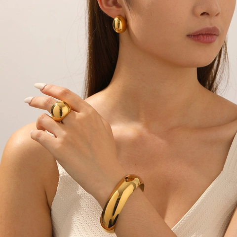 Chunky Bangle Dome Ring Hoop Earrings 18K Gold Plated Stainless Steel Polished Minimalist Ins Style Women Jewelry