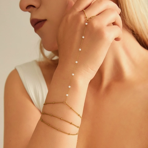 Edelstahl Künstliche Perle Hand Harness Ring Armband Für Damen Mehrlagig Vergoldet Fingerverbundene Kette Schmuck
