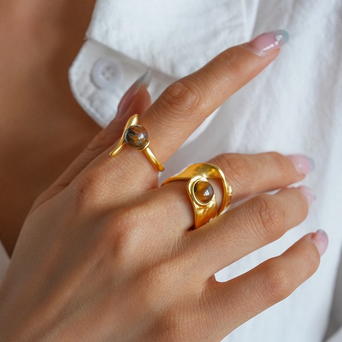 Anillos De Cobre Con Piedra Ojo De Tigre Vintage Para Mujer Textura Martillada Doble Capa Geométrica Anillo Abierto Ajustable