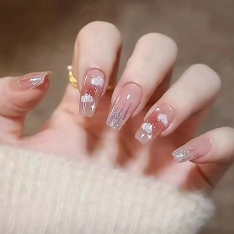 Press On Nails Lange Ballerina Coffin Kunstnagels Met Glanzende Wolk Ster Patronen Doorschijnend Blush Roze Plastic