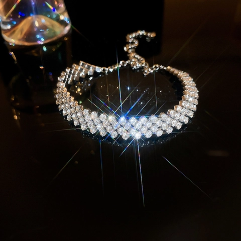 Alloy Rhinestone Bracelet Multi Row Square Geometric Sparkling Adjustable Link Jewelry For Women Silver Tone Elegant
