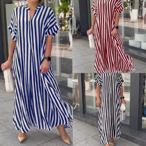 Women Casual Striped Maxi Dress V Neck Short Sleeve Side Slit Loose Tunic Dress European American Fashion Summer Vestidos