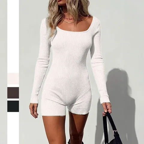 Dames Jumpsuit Lange Mouwen Ribgebreid Open Rug Vierkante Hals Skinny Yoga Sportief Streetwear Bodycon Playsuit