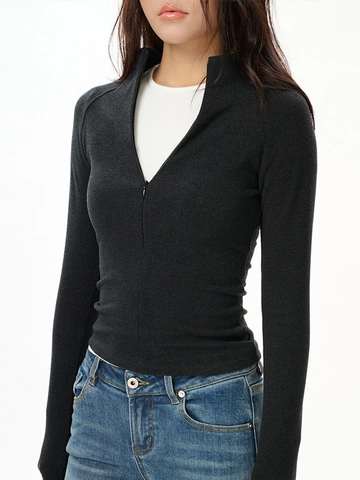 Maglia Donna Slim Fit Collo Alto Mezza Zip Maniche Lunghe Misto Viscosa Cotone Calda Spessa Elastica Base Layer