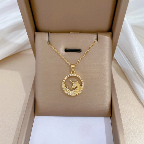 Unicorn Pendant Necklace Titanium Steel And Copper With Zircon Clavicle Chain Elegant Jewelry For Women