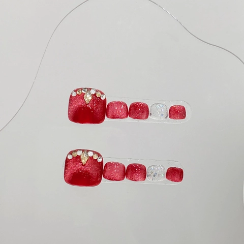 Press On Teennagels Handgemaakt Robijnrood Kattenoog Glitter Strass Metaal Elegant Luxe Glanzend Voetdecoratie Voor Dames