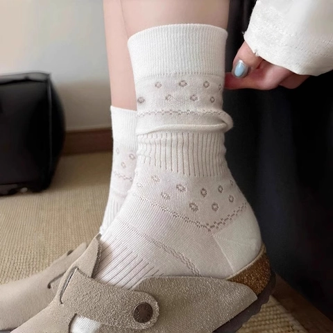 Calcetines Altos Mujer Mezcla Algodón Calados Transpirables Finos Rayas Verticales Color Sólido Estilo Dulce