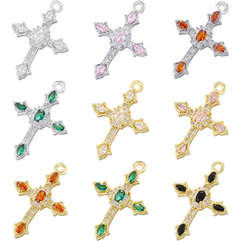 Hip Hop Cross Pendant Brass Inlaid Colorful Zirconia Religious DIY Jewelry Accessory For Necklaces And Bracelets