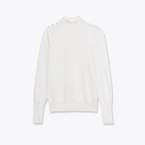 Chandail en Tricot à Col Montant pour Femme avec Décoration de Boutons Dorés à l'épaule Manches Longues Pullover Décontracté