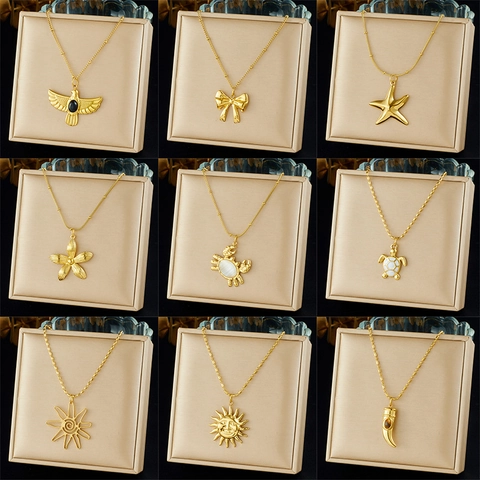 Vergulde Roestvrijstalen Hanger Ketting Met Schelp Edelsteen Vintage Chic Multi Element Dier Zon Bloem Ontwerp Voor Dames