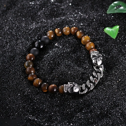 Bracciale Teschio Punk Uomo Acciaio Inossidabile Pietra Lavica Occhio Di Tigre Catena Cubana Vintage Gotico
