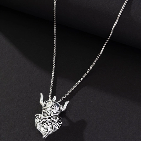Viking Warrior Skull Pendant Necklace Zinc Alloy Stainless Steel Box Chain Retro Hip Hop Fashion Jewelry For Men