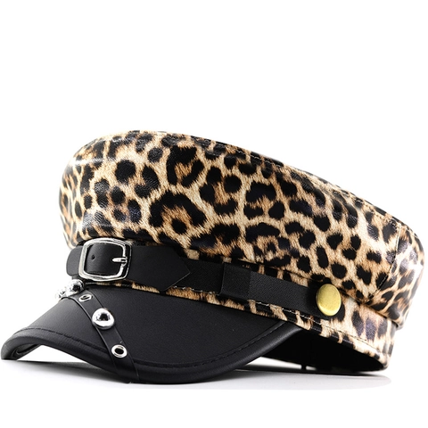 Berretto Newsboy Maculato Pelliccia Sintetica Pelle PU Stile Militare Cappello Baker Boy Con Cintura Rivetto Vintage Donne