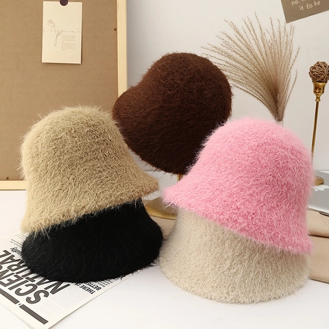 Women Winter Warm Plush Bucket Hat Faux Fur Soft Thick Windproof Solid Color Outdoor Autumn Casual Accessories