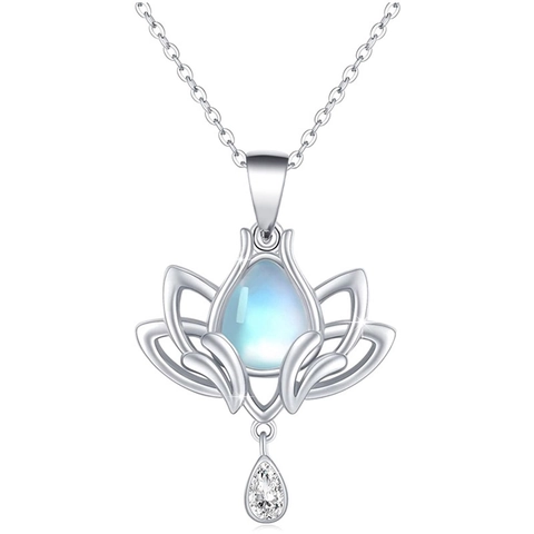 Lotus Flower Pendant Necklace Copper With Blue Imitation Moonstone And Zircon Elegant Nature Inspired Jewelry For Women