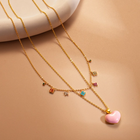 Zweilagige Halskette Vergoldetes Kupfer Rosa Emaille Herz Bunte Blütenanhänger Zirkon Süßer Eleganter Schmuck Damen
