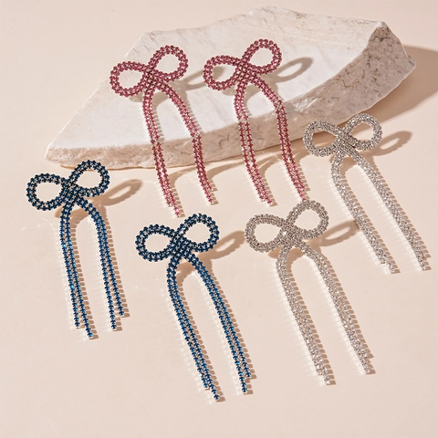 Bow Tassel Drop Earrings Elegant Rhinestone Copper Jewelry With Silver Earring Post For Women