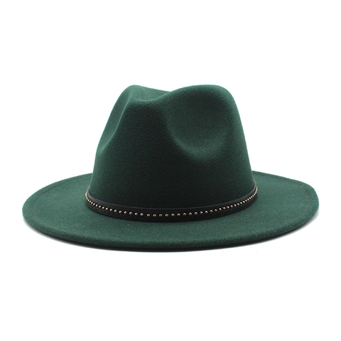 Vintage Wide Brim Fedora Hat Women Men Wool Felt Jazz Panama Cap Riveted Leather Band Solid Color Winter Warm Accessory