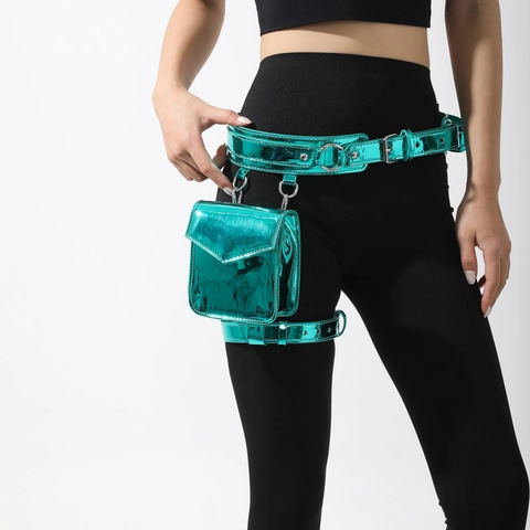 Women Metallic Mirror PU Leather Leg Bag Adjustable Waist Thigh Strap Small Square Bag Punk Streetwear Party Fanny Pack