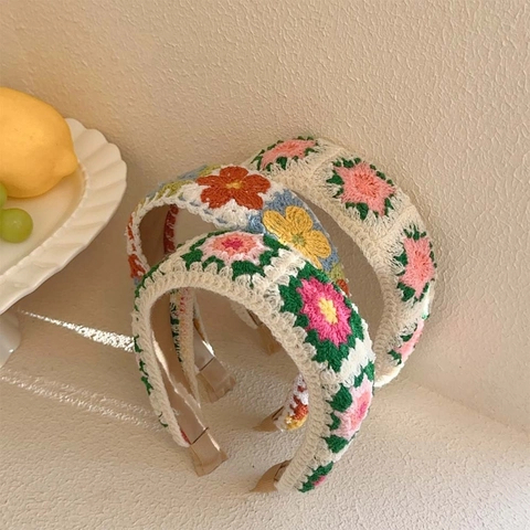 Floral Handmade Crochet Embroidery Hairband Wide Edge High Top Cloth Headband Vintage Style Accessories For Women