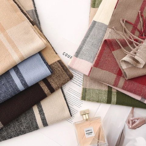Women Plaid Scarf Cashmere-Like Polyester Thick Warm Winter Shawl With Tassels Elegant Minimalist Neck Warmer Wrap