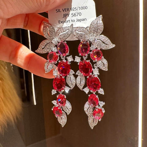 Leaf Tassel Dangle Earrings Red Zircon Rhinestone Copper Jewelry With 925 Sterling Silver Earring Post For Women Elegant