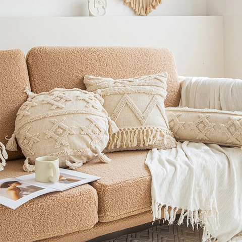 Böhmischer Getufteter Kissenbezug Baumwolle Leinen Geometrisches Muster Kissenhülle Mit Handgefertigten Quasten Für Sofa
