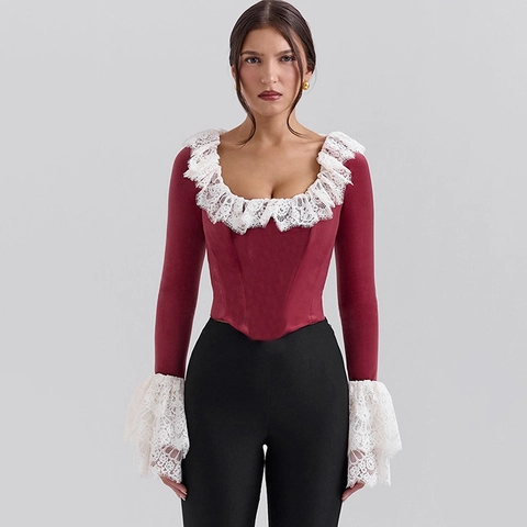 Top Corsetto In Velluto Maniche Lunghe A Campana Retro Scollo Quadrato Pizzo Patchwork Streetwear Sexy Blusa Aderente