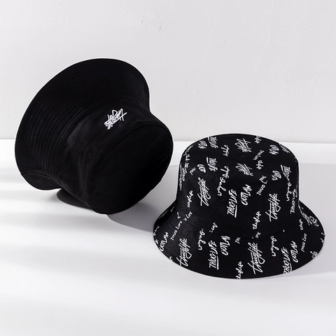 Cappello Da Pescatore Reversibile In Cotone Stampa Lettere Graffiti Streetwear Pieghevole Protezione Solare Unisex