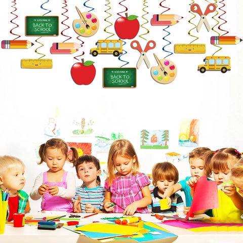 Willkommen Zurück In Der Schule Banner Dekoration Papier Hängende Spiralen Girlande Bus Apfel Bleistift Klassenzimmer Party