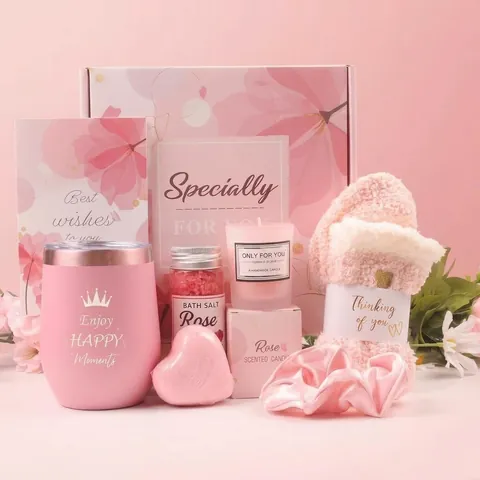 Women Spa Gift Set Pink Marble Ceramic Mug Scented Candle Bath Salts Soap Headband Best Mom Ever Birthday Gift Box for Women
