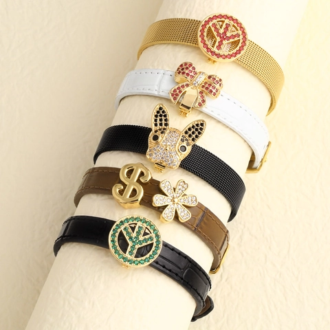 DIY Schiebe Charm Armband Edelstahl Mesh Und Lederband Schleife Hund Friedenszeichen Zirkonia Damen Modeschmuck