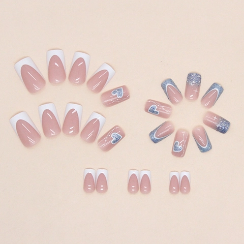 Unghie Finte Press On Stile Francese Cuore Glitter Blu Forma Bara Acrilico Con Colla Gelatina Per Donne