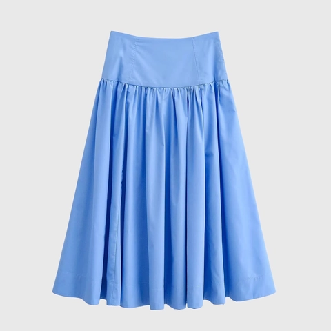 Women High Waisted Pleated Midi Skirt Sky Blue Polyester Puffy Swing A-Line Elegant Streetwear
