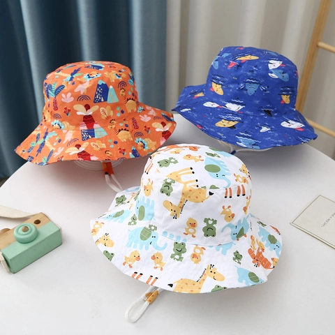 Kids Bucket Hat Cotton Cartoon Animal Print Sun Hat With Adjustable Wind Rope For Toddler Boys Girls Outdoor
