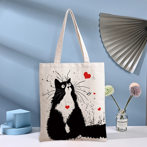 Canvas Tote Bag Cute Cartoon Cat Print Cotton Linen Large Capacity Casual Shopping Handbag For Women Students