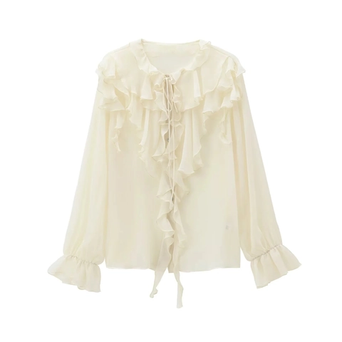 Lange Mouwen Ruches Chiffon Blouse Elegant Strikkraag Uitlopende Manchetten Effen Kleur Retro Zoete Top Voor Dames