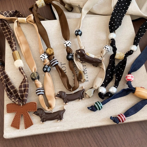 Cute Dachshund Dog Pendant Necklace Fabric Ribbon Wooden Beads Long Sweater Chain Handmade Fashion Jewelry For Women